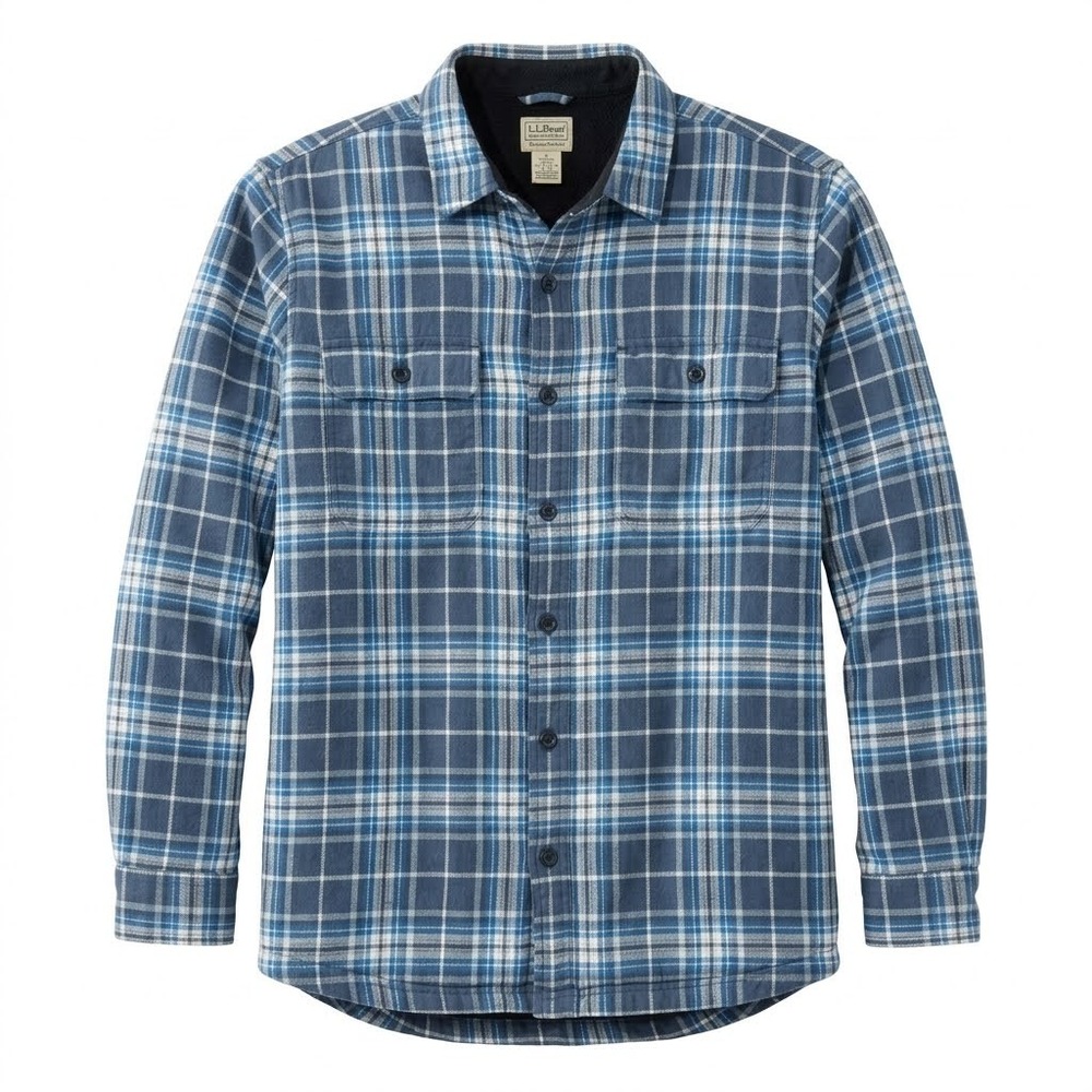 LL Bean Mens XL Blue Plaid Sherpa Lined Flannel Shirt Jacket 298189 Traditional